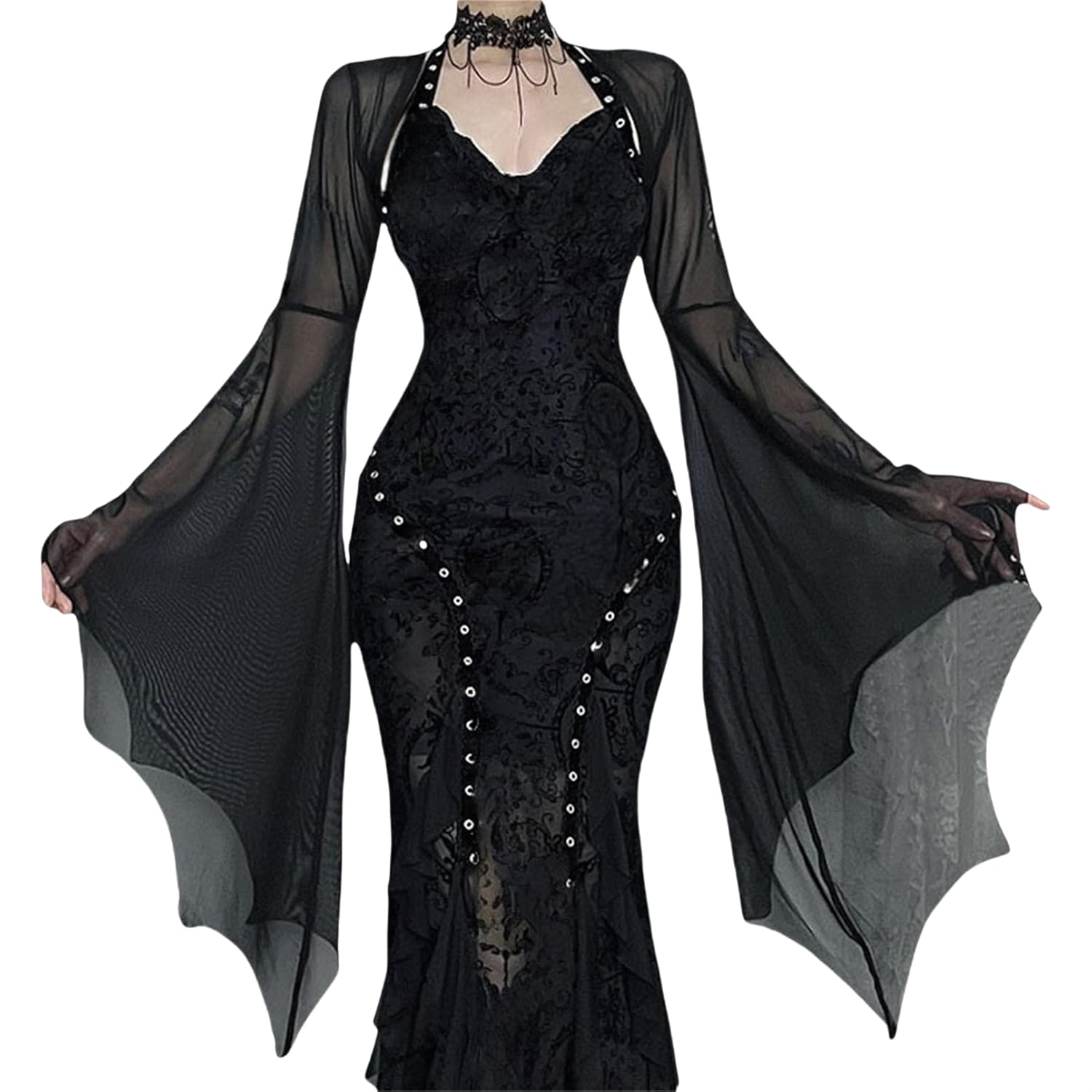 TOMETO STAR Women Vampire Emo Sheer Crop Shrug Top - Bat Flared Long Sleeve Gothic Bolero for Wedding