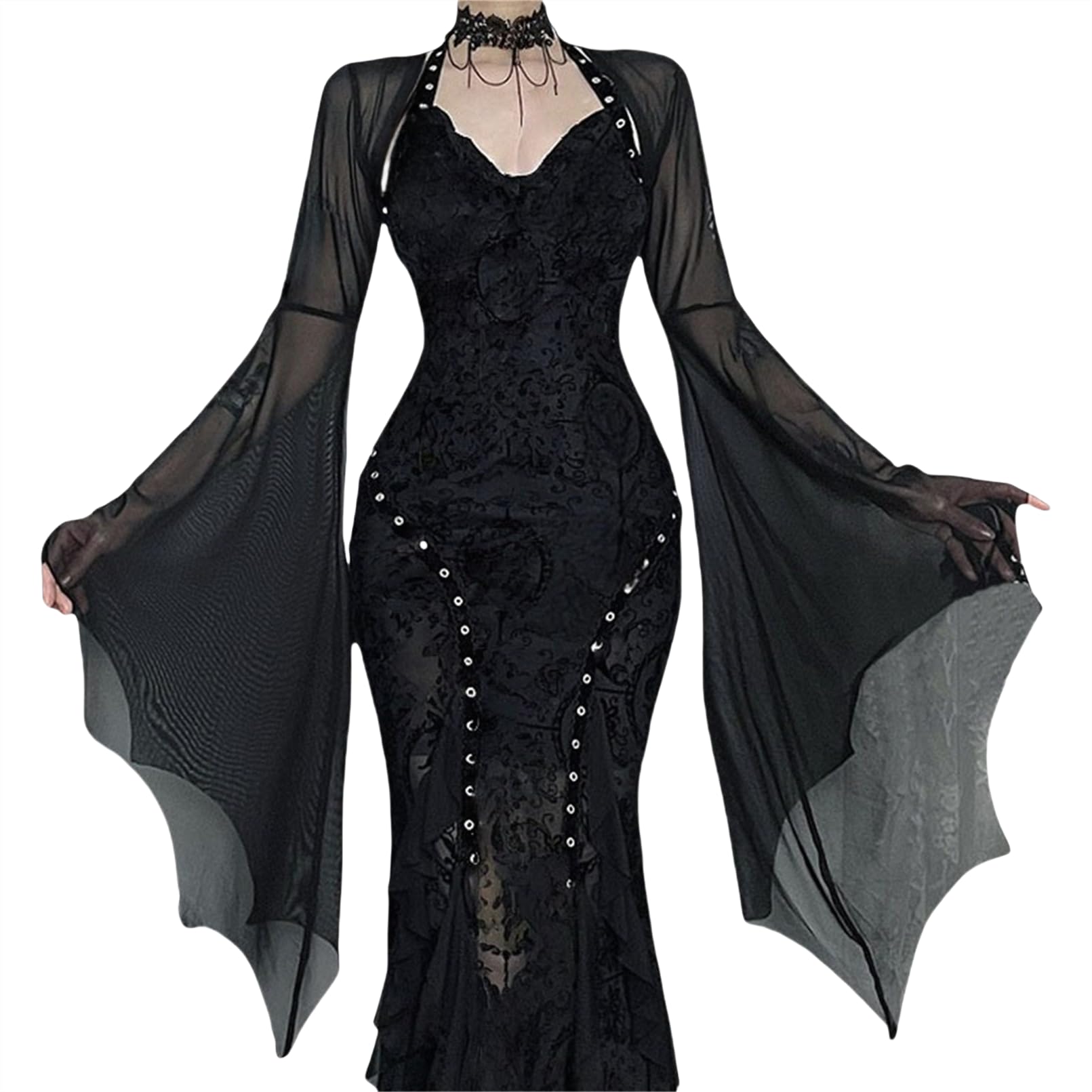 TOMETO STAR Women Vampire Emo Sheer Crop Shrug Top - Bat Flared Long Sleeve Gothic Bolero for Wedding