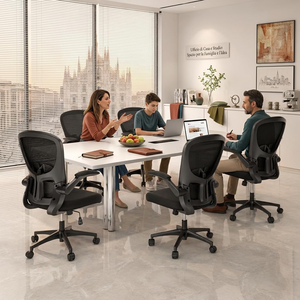 Sedia Ufficio Ergonomica, Sedia da Scrivania e PC Girevole con Supporto Lombare Regolabile, Schienale in Rete, Braccioli Ribaltabili, Altezza Regolabile, Basculante, Nero