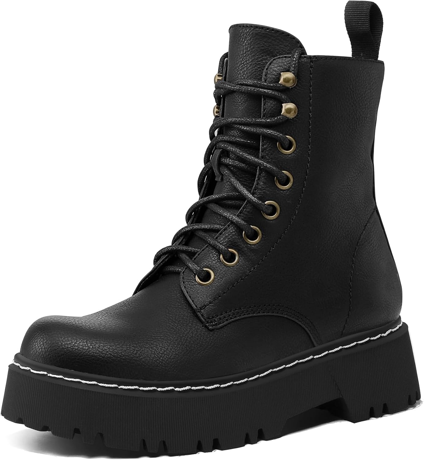 Women’s Combat Ankle Boots Lace up Platform Lug Sole Chunky Low Heel Booties with Side Zipper