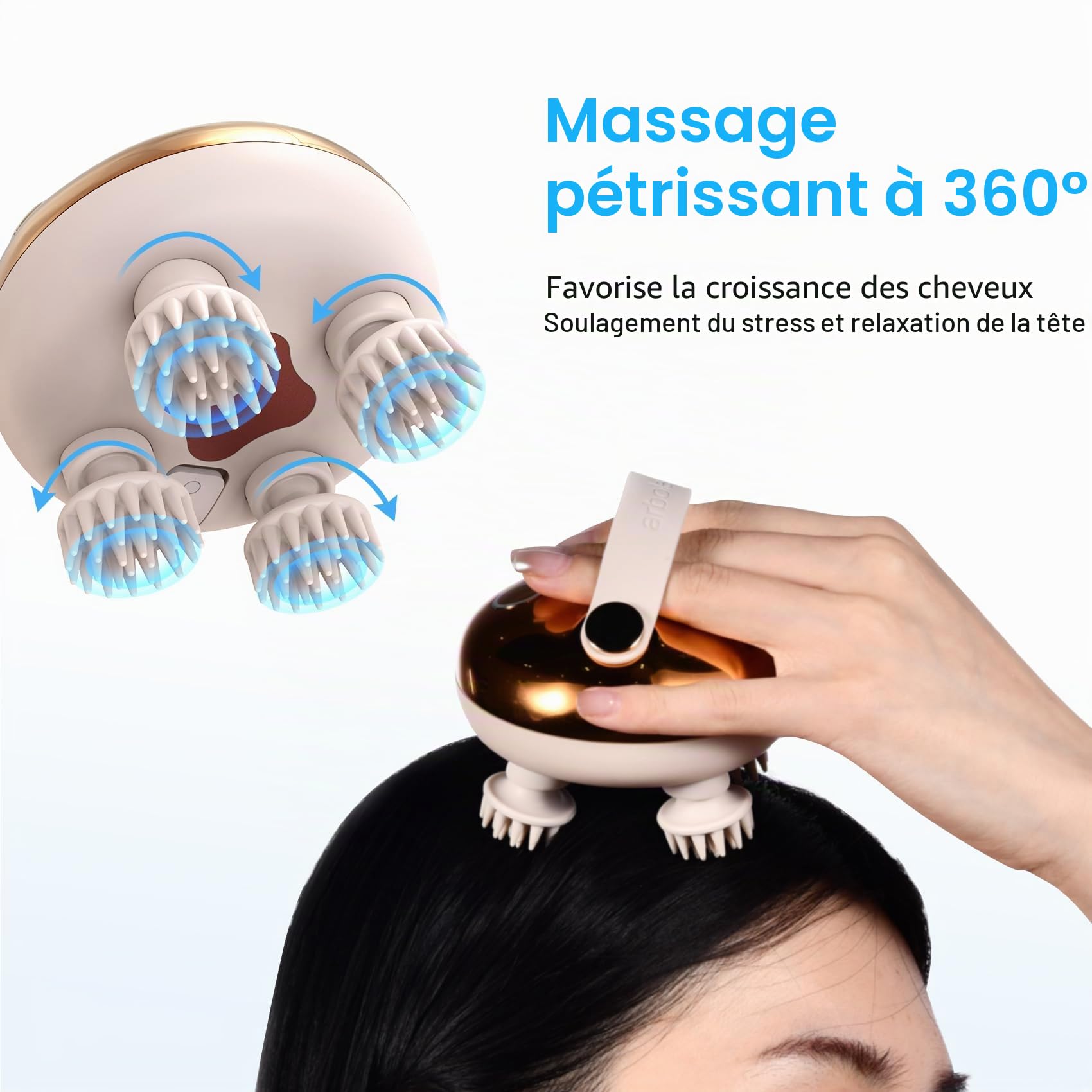 arboleaf masseur de tête électrique, masseur de cuir chevelu IPX7 imperméable à l’eau avec 8 têtes de massage et 3 modes de massage, masseur de tête pratique pour la relaxation (Golden)