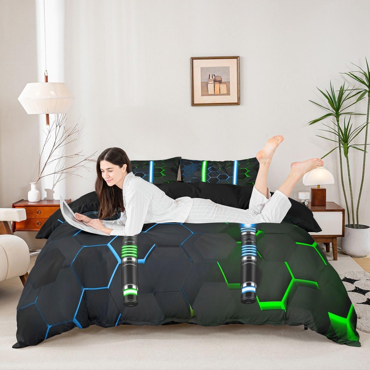 Neon Blue Green Light Up Sword Duvet Cover Set Queen Size Geometric Honeycomb Hexagon Bedding Set Kids Boys Men Gamer Room Decor Fashion Black Comforter Cover Cool 3D Games Quilt Cover,2 Pillowcases image 3