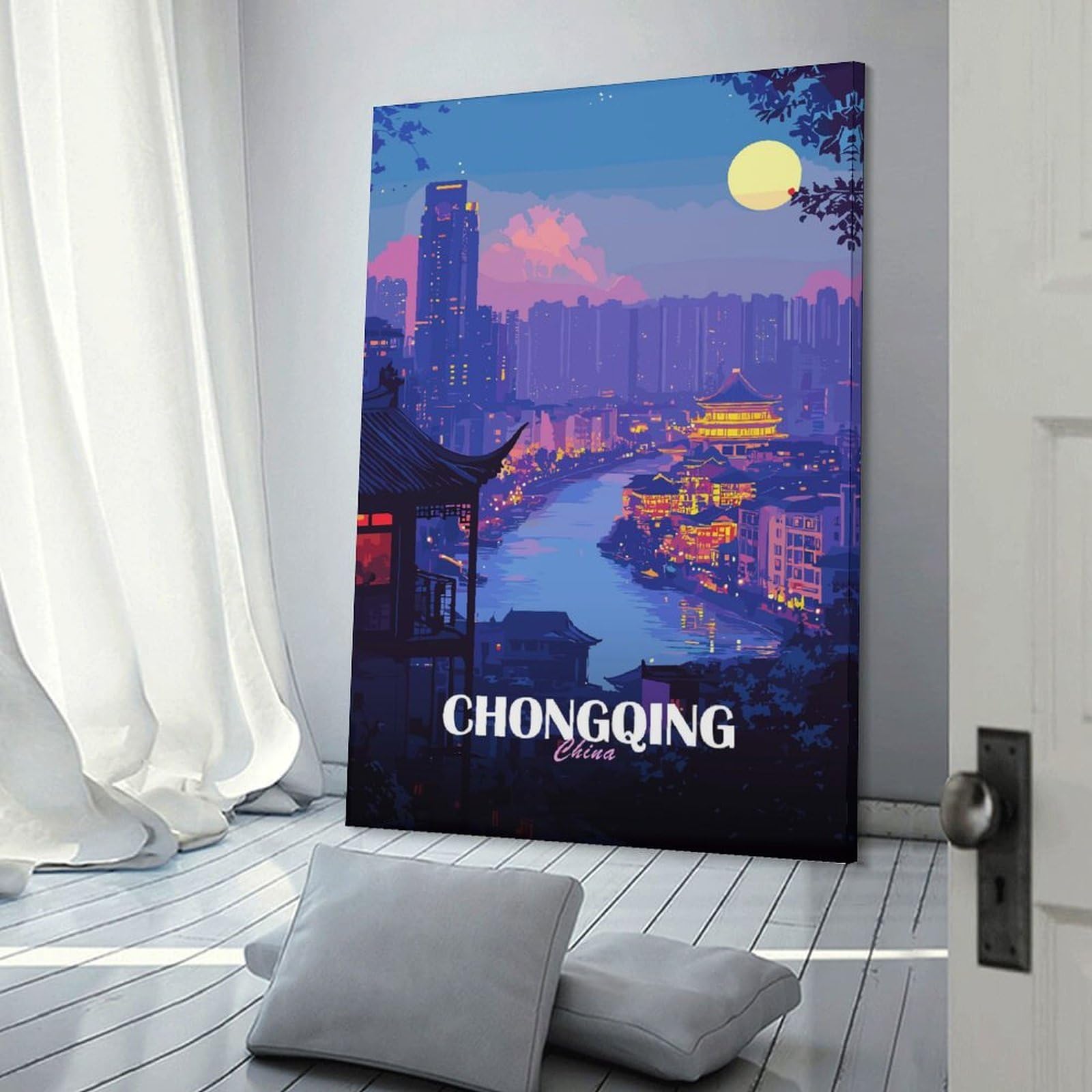Junmoney Chongqing China Cityscape at Night Decorative Canvas Print, 20x30inch(50x75cm), for Gallery Wall Decor And Room Displays, Wall Decor Suited to Curated Displays
