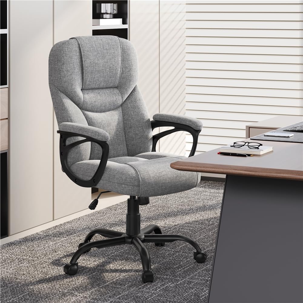 Yaheetech Silla de Oficina de Tela con Respaldo Alto Ergonómico Altura Ajustable Silla de Escritorio Ejecutiva Silla Giratoria Reclinable Sillón Gris