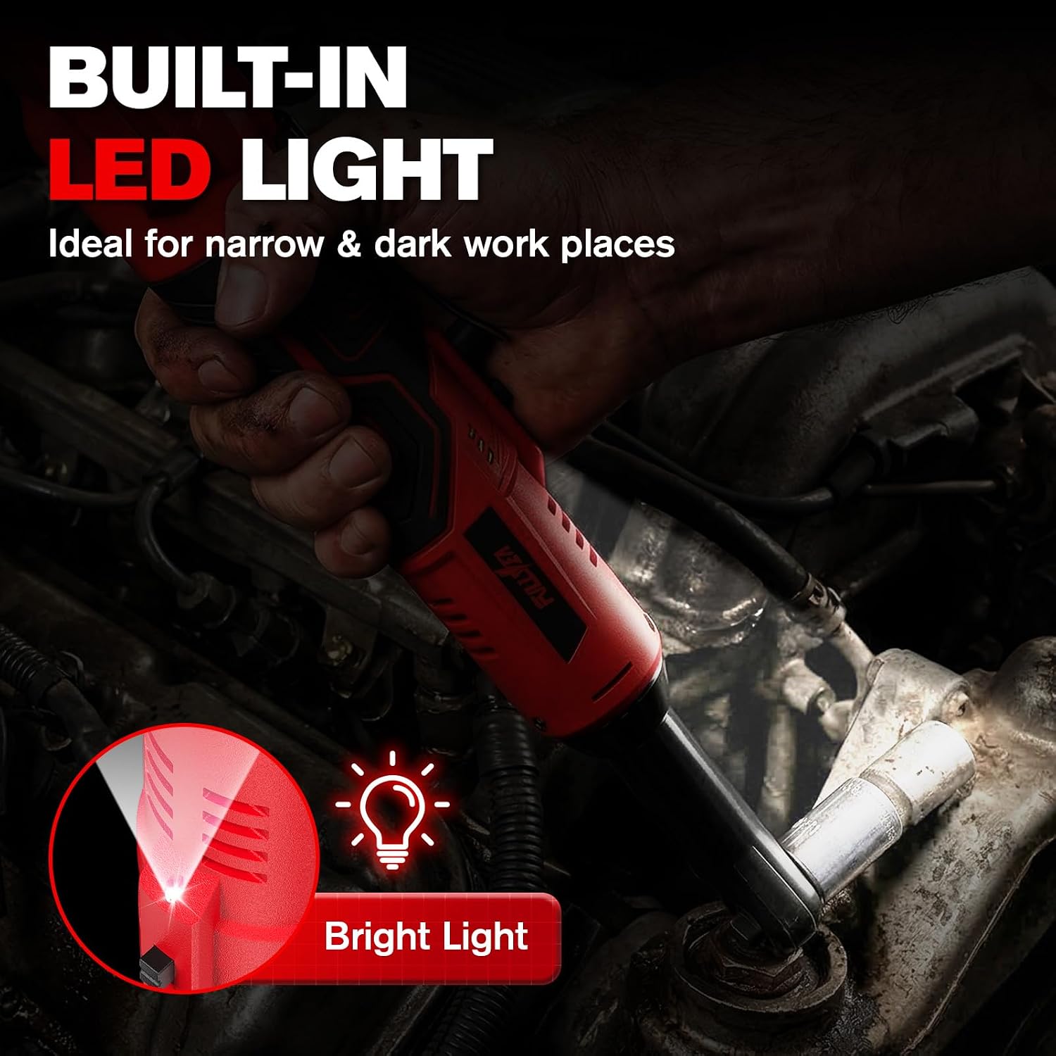 FULLYEA 3/8" Electric Ratchet Wrench Cordless, 21V Brushless Ratchet Wrenches with 3" Extension Bar, 7 Sockets, LED Light, Power Torque Ratchet Tool Set with 2 * 2.0Ah Batteries & Charger