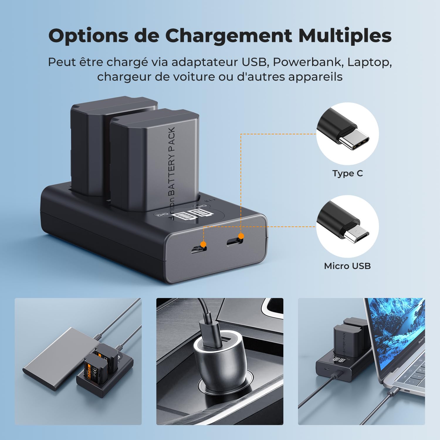 K&F CONCEPT 2600mAh NP-FZ100 Batterie et Chargeur 2 Batteries | Compatible avec Sony A6700, A7iv, A7iii, A7 III, FX3, FX30, A6600, A7C, A7RIV, A7Siii, ZV-E1, ZV-E10ii, Alpha 9 II et A9S