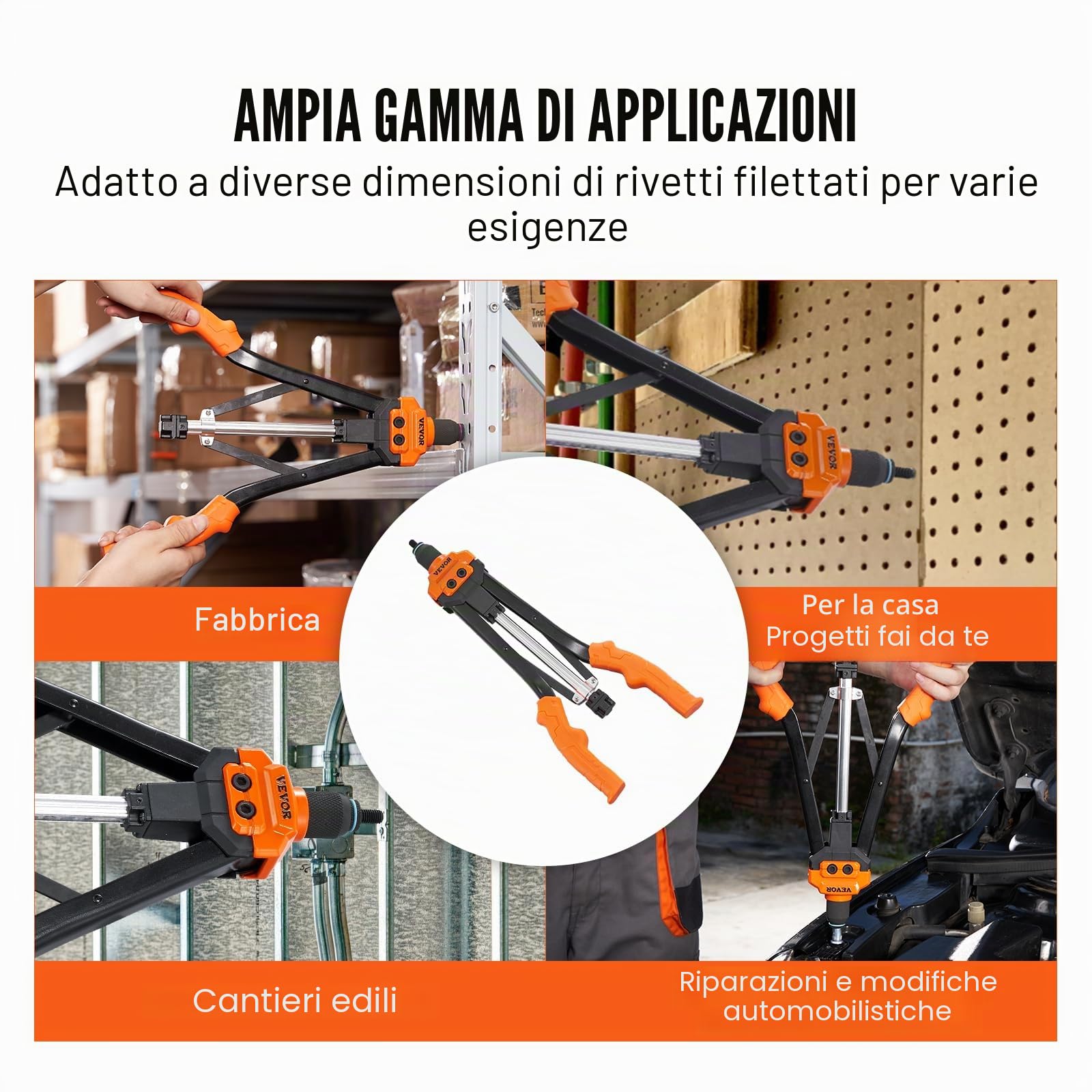VEVOR Rivettatrice Manuale per Dadi, Pinza per Inserti Filettati da 41 cm con 13 Mandrini, 186 Dadi in 13 Misure, Strumento per Rivettatura Semiautomatica con Valigetta per Automobilistico Fai-da-te