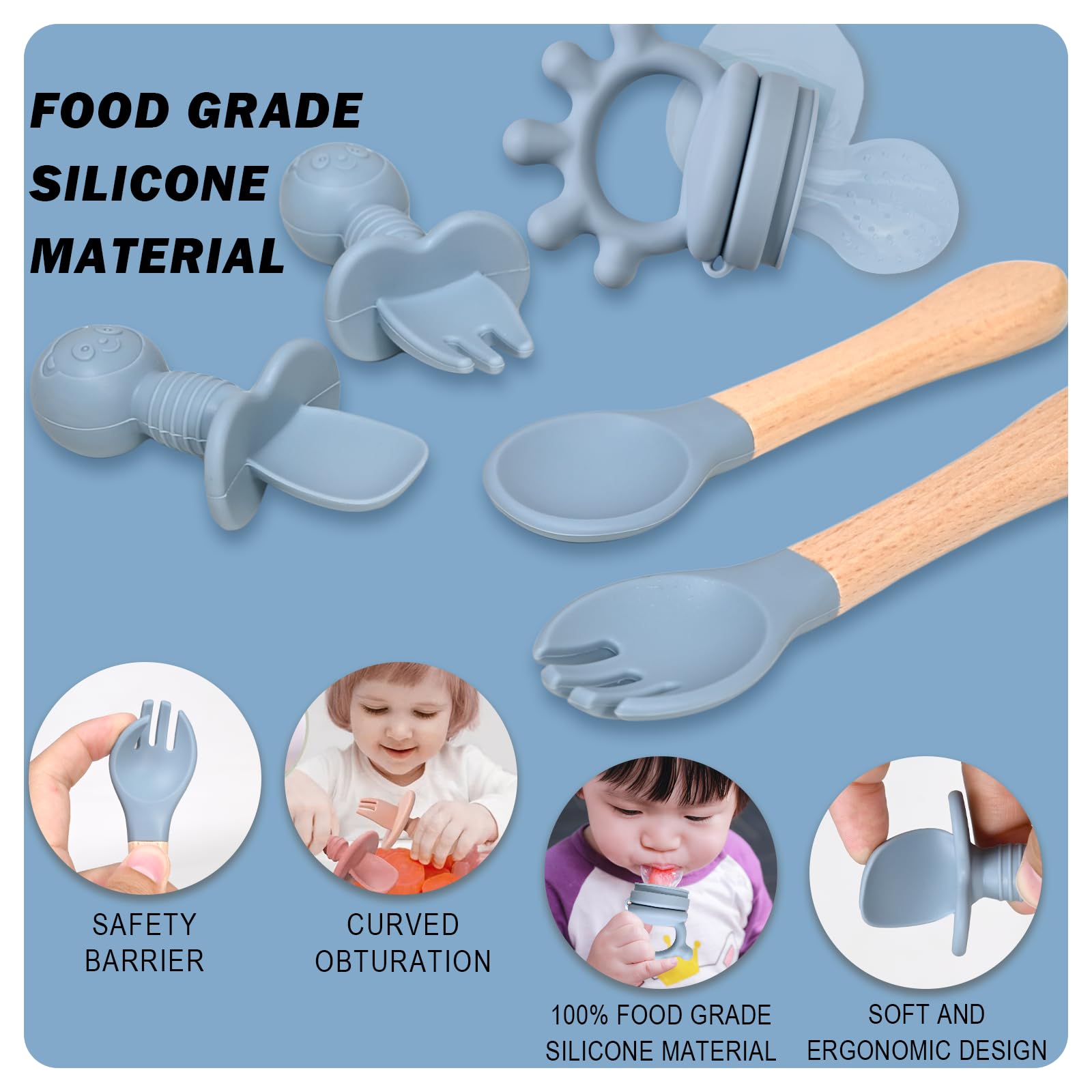 10 Pezzi Set Pappa Svezzamento, Svezzamento Set Silicone Piatto con Ventosa Ciotola Cucchiaio Forchetta Tazza Bavaglino, Training Esercitarsi A Mangiare Da Soli, Set Pappa Svezzamento(Blu)