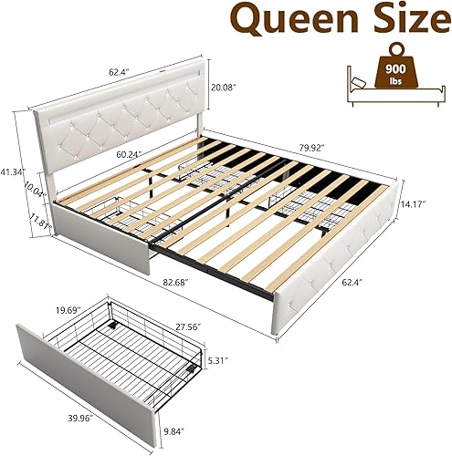 Miniatura 2 de Queen Size Bed Frame with 4 Drawers and Adjustable LED Headboard, PU Leather Upholstered Platform Storage Bed with Charging Station, Wooden Slats