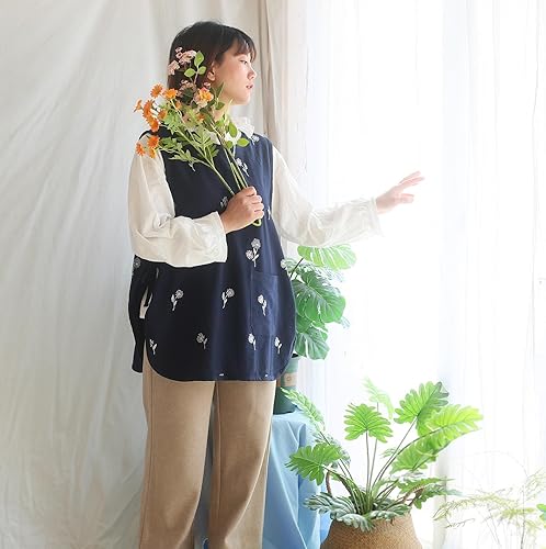 Miniatura 8 de Delantal de algodón con bolsillo para padres e hijos, flor bordada, lazo lateral, suave y ligero, jardín de arte de cocina