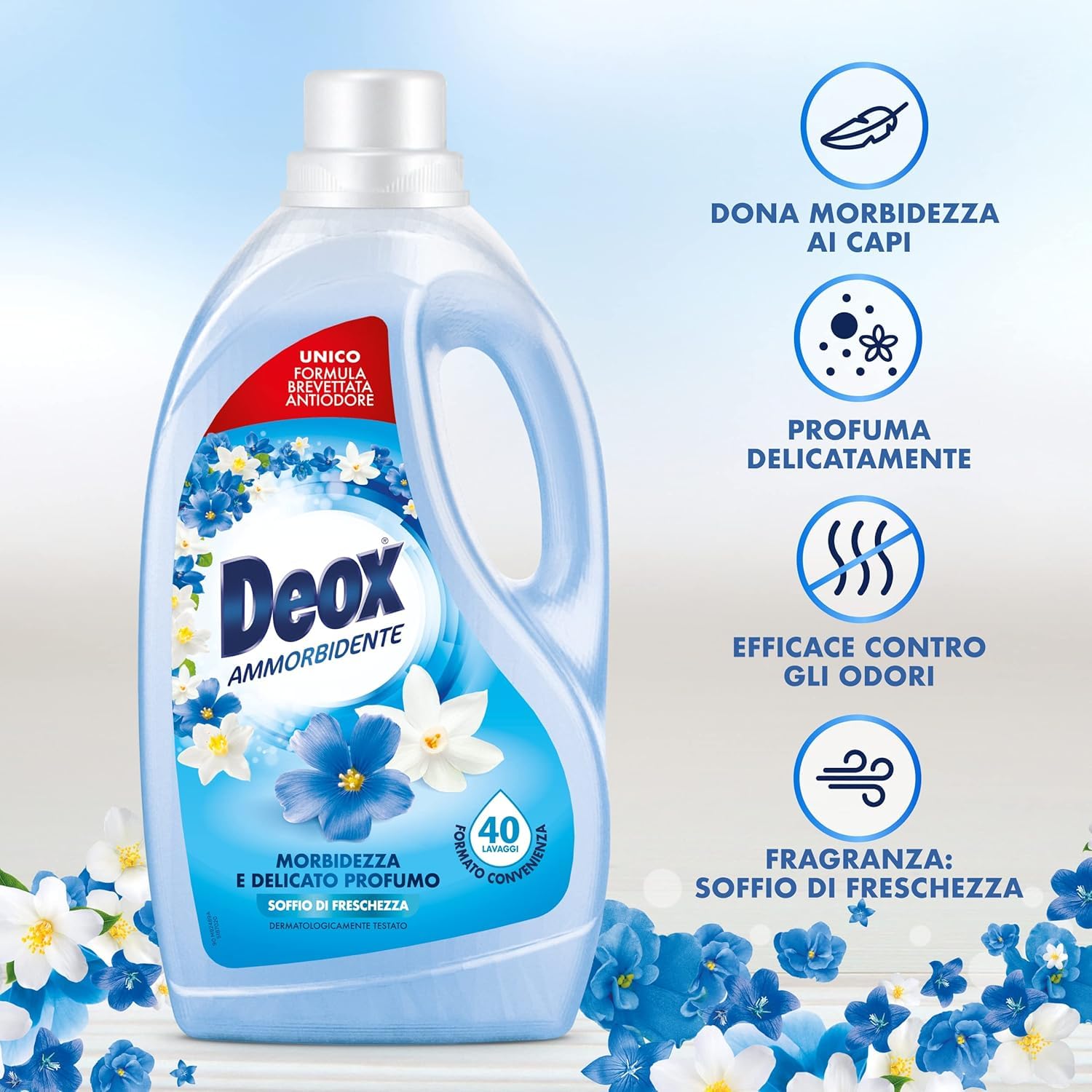 Deox Ammorbidente Soffio di Freschezza - Suavizante líquido para ropa suave y perfumada, antiolor, aroma a primavera caricia, 40 lavados 2 litros + llavero Beni Culinari gratuito