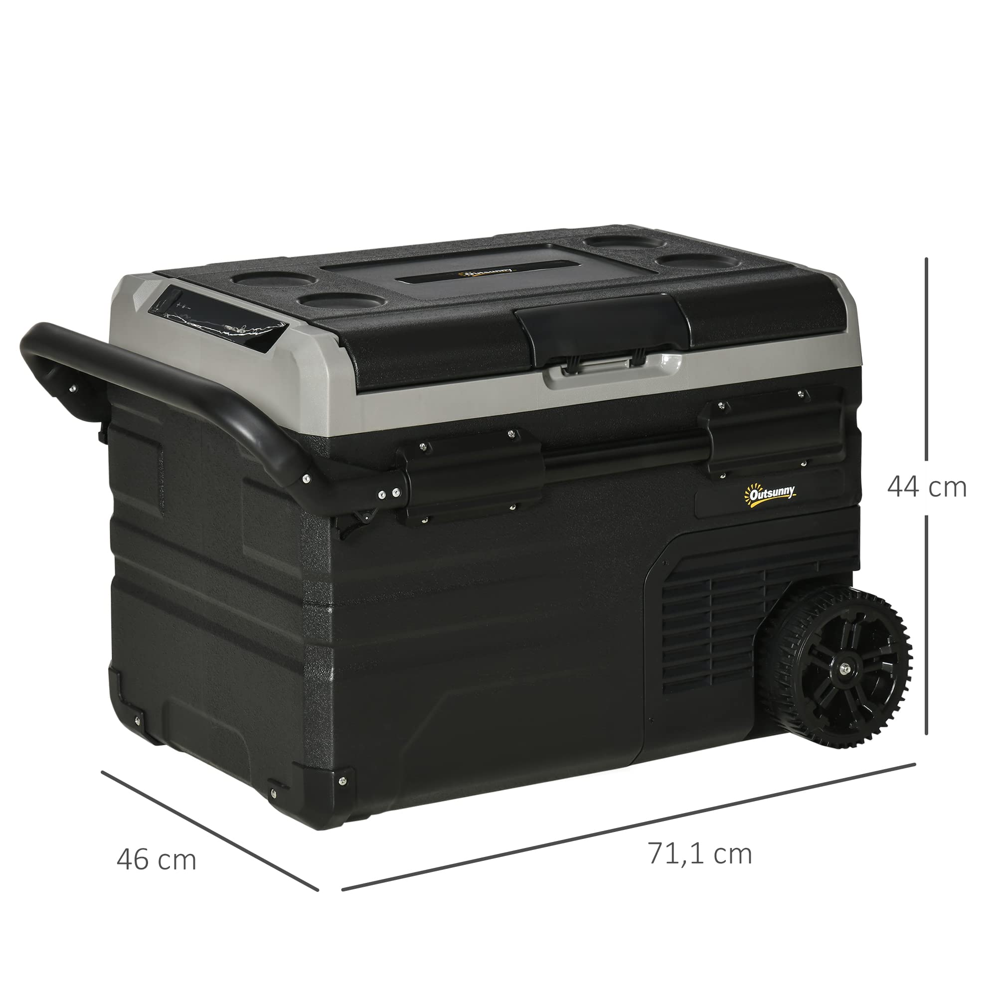 Outsunny lodówka samochodowa 40L z oświetleniem LED sprężarka lodówka samochodowa z uchwytami kółka transportowe boot camper podróżowanie 12/24V DC und 110–240V AC kolor szary+czarny