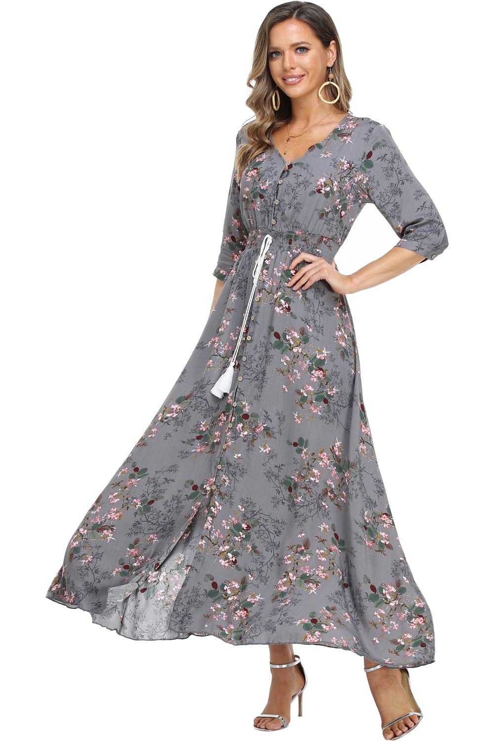 Summer Floral Print Maxi Dress Women Button Up Split Long Flowy Bohemian Beach Party Dresses