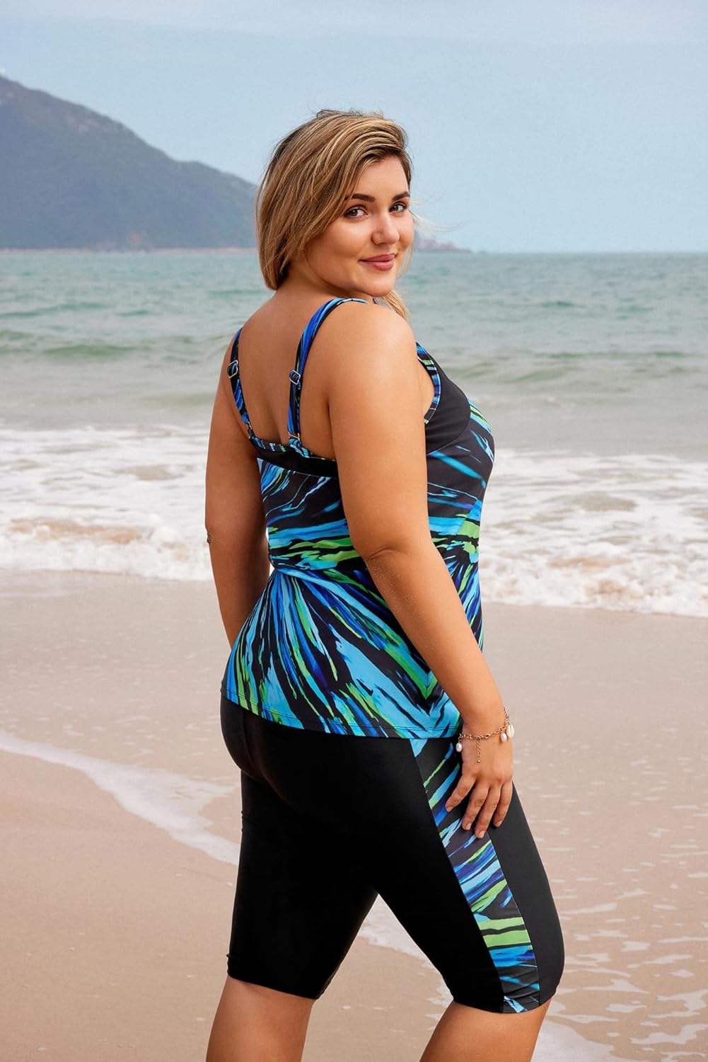 Hanna Nikole Women's Plus Size Tummy Control Tankini Swimsuits Color Block Bathing Suits with Shorts Knee Length - Image 3