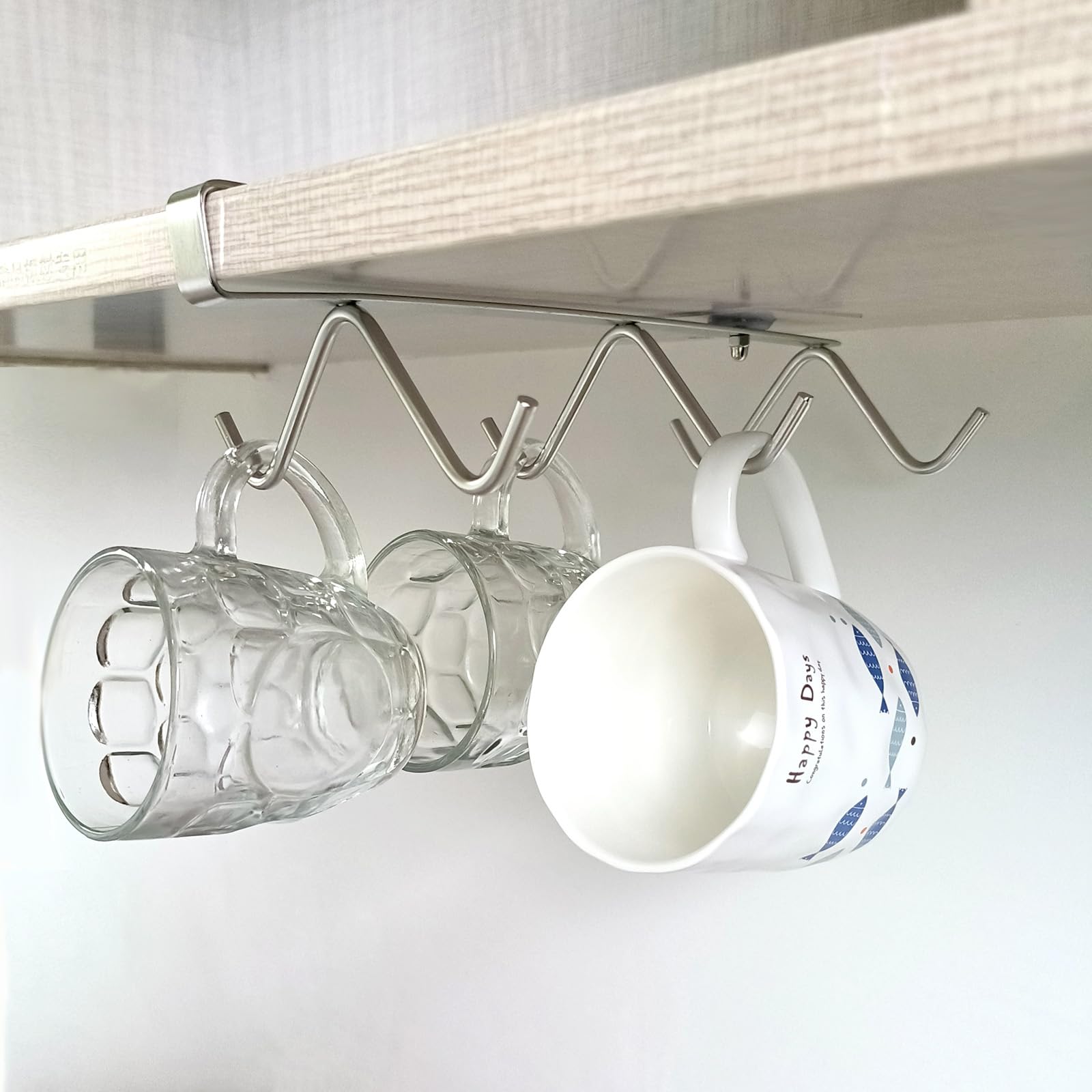 Soporte para tazas de café y utensilios de cocina, 6 ganchos, color plateado