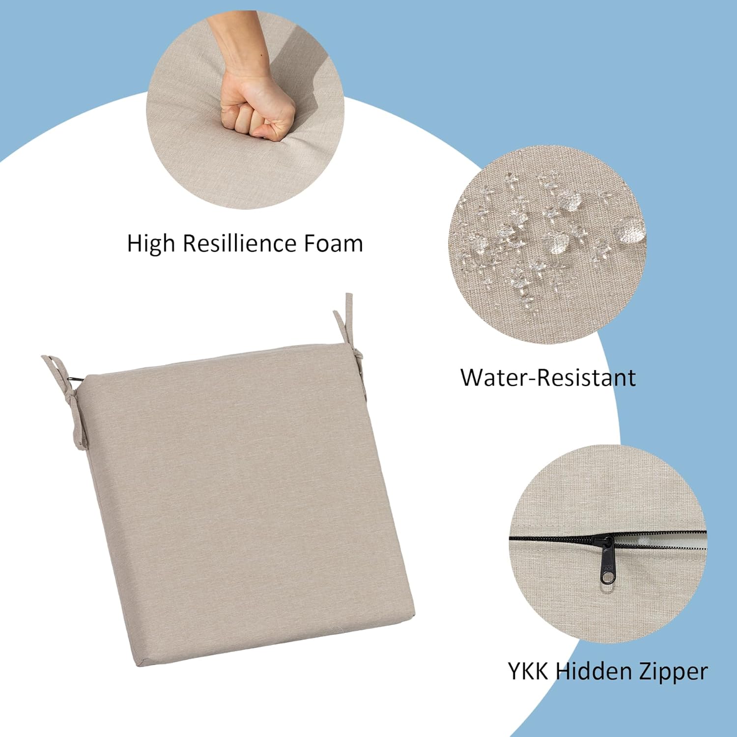 COZYVIDA Outdoor Chair Cushions Set of 4, 20"x20" Square Seat Pads with Tie Straps and YKK Zippers, 30D High-Density Foam, Water-Resistant Fabric,UV-Resistant 1000+ Hrs,Putty