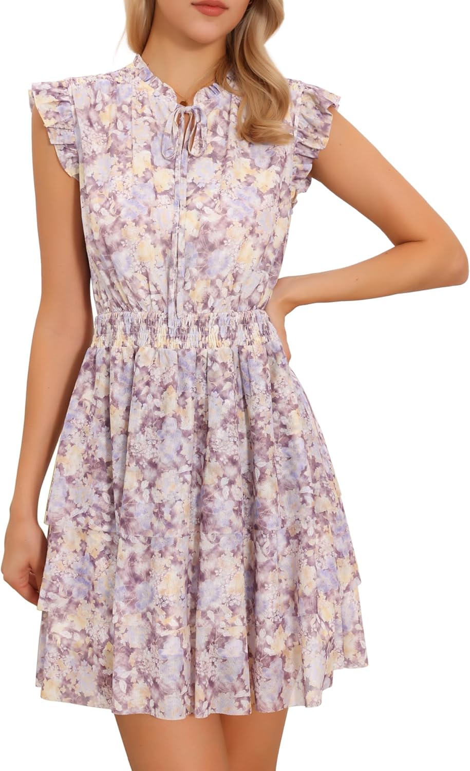 Allegra K Floral Dresses for Women's Chiffon Summer 2026 Ruffles Sleeveless Tiered Mini Smocked Dress
