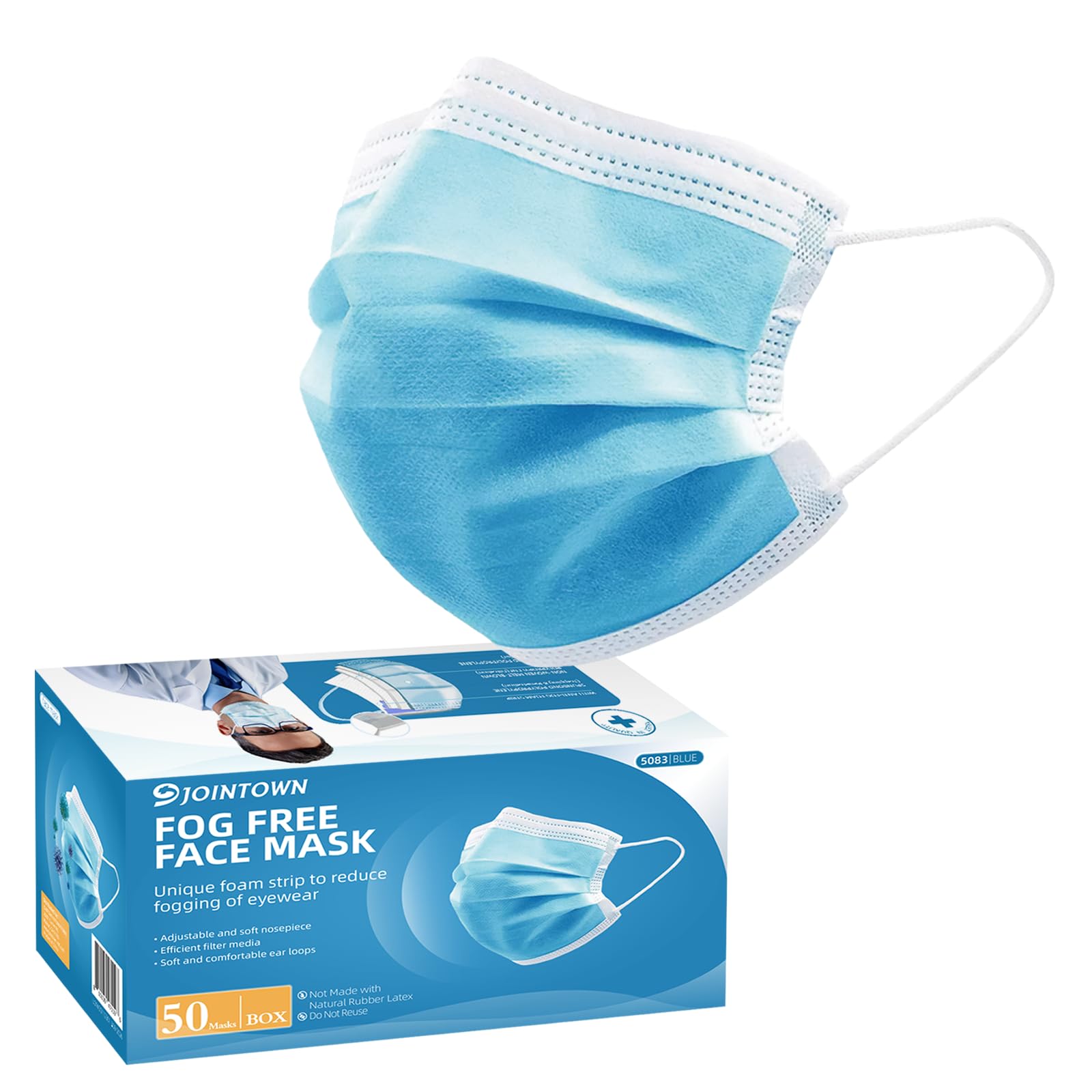Jointown Anti-fog 3-ply Disposable Face Mask, Face Mask with Efficient Filter Media for Adult, Adjustable and Soft Nosepiece, Box of 50 pcs