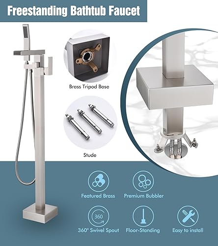Miniatura 3 de STESSO Grifo de bañera de pie, grifo de bañera independiente de níquel cepillado, grifo de bañera de montaje en piso, relleno de bañera de cascada