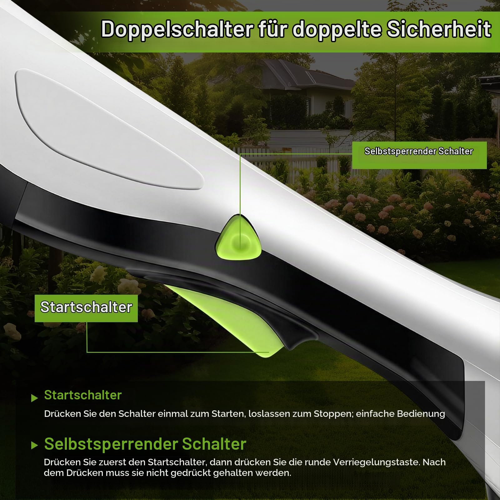 Akku Heckenschere mit Teleskopstiel und Rollen, 4-in-1 Elektro-Teleskop-Astschere & Grasschere mit Leistungsdisplay und 2x21V Akkus, Aluminiumlegierung, Max 1,73m, 110° Verstellbarer Kopf
