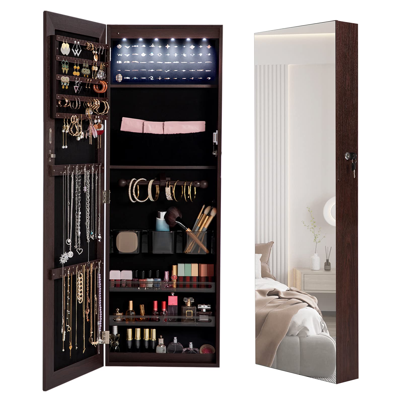 Jewelry Cabinet, 6 LED Full-Length Mirror with Jewelry Storage, SimpleWise Lockable Jewelry Armoire Organizer, Wall Mount & Door Hanging, Large Capacity, Dark Brown