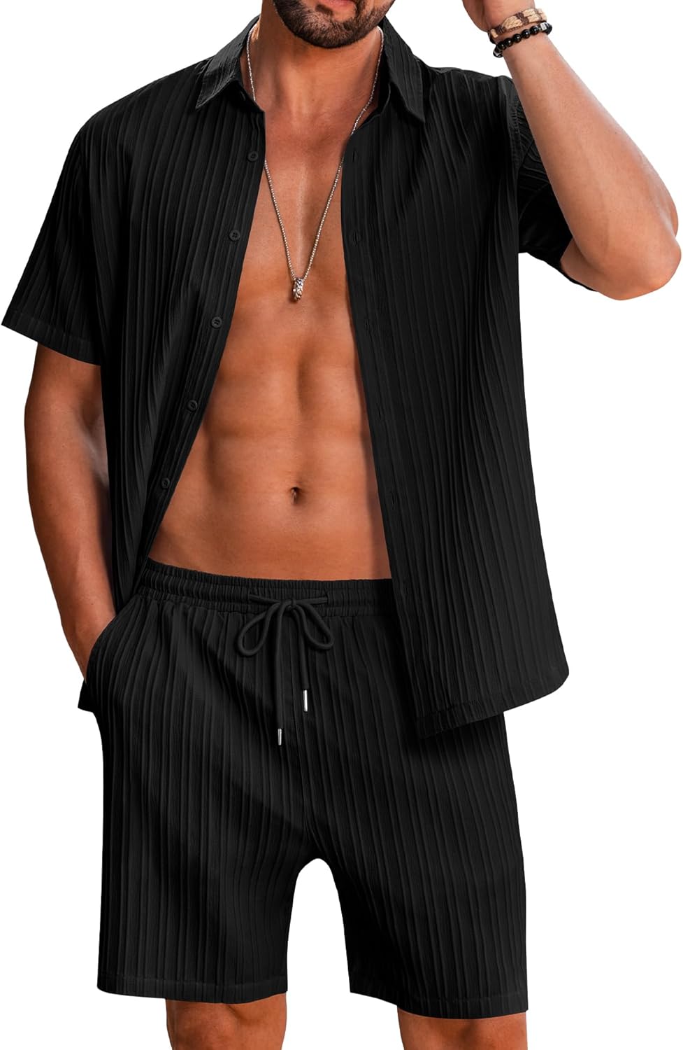 LecGee Men's 2 Piece Vertical Striped Textured Outfits Summer Casual Button Down Shirts and Shorts Matching Sets