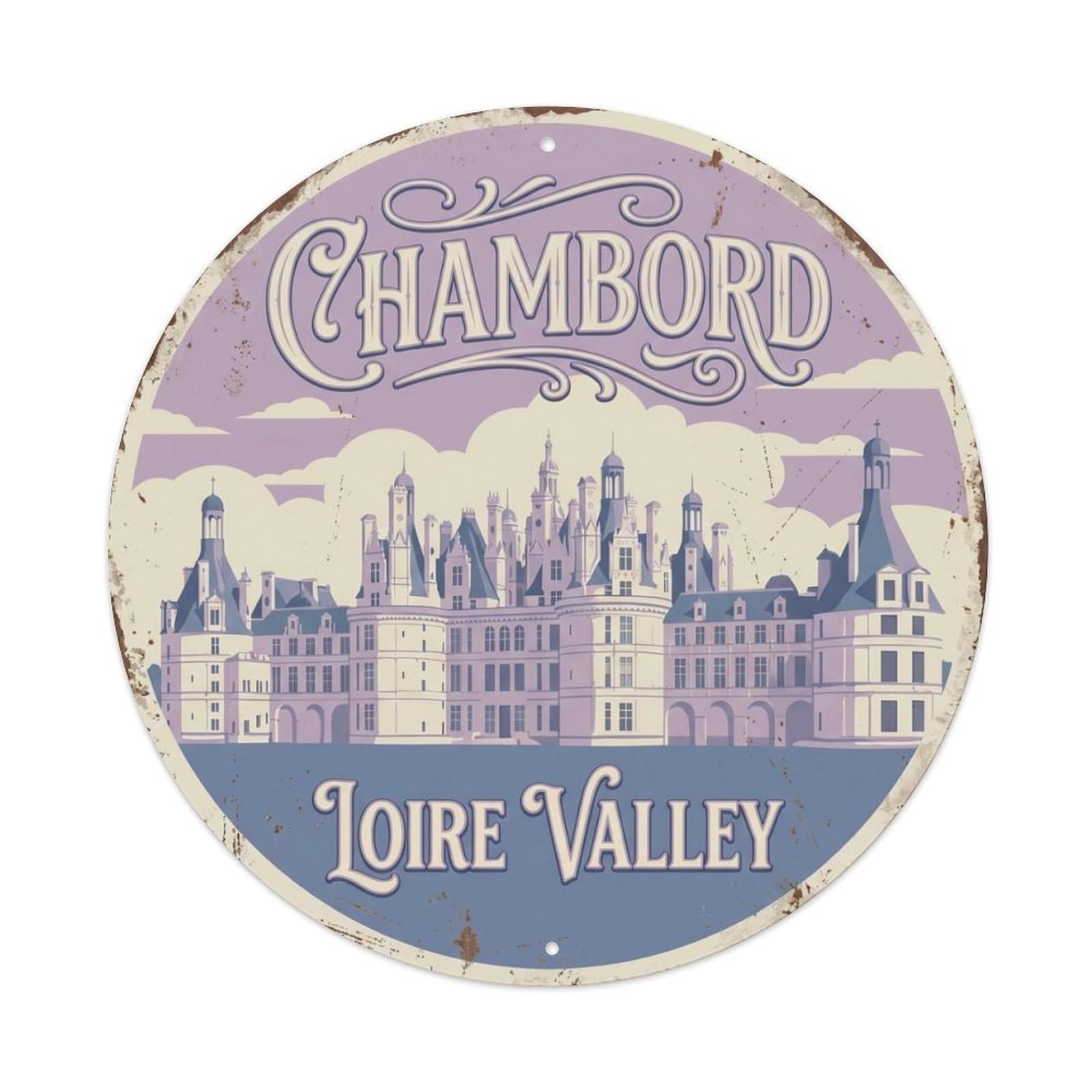 Vintage Travel Chambord Chateau France Metal Tin Sign Plaque Wall Decor for Cafe, Club Bar, Office, Home Garden Round Metal Poster 8x8Inch