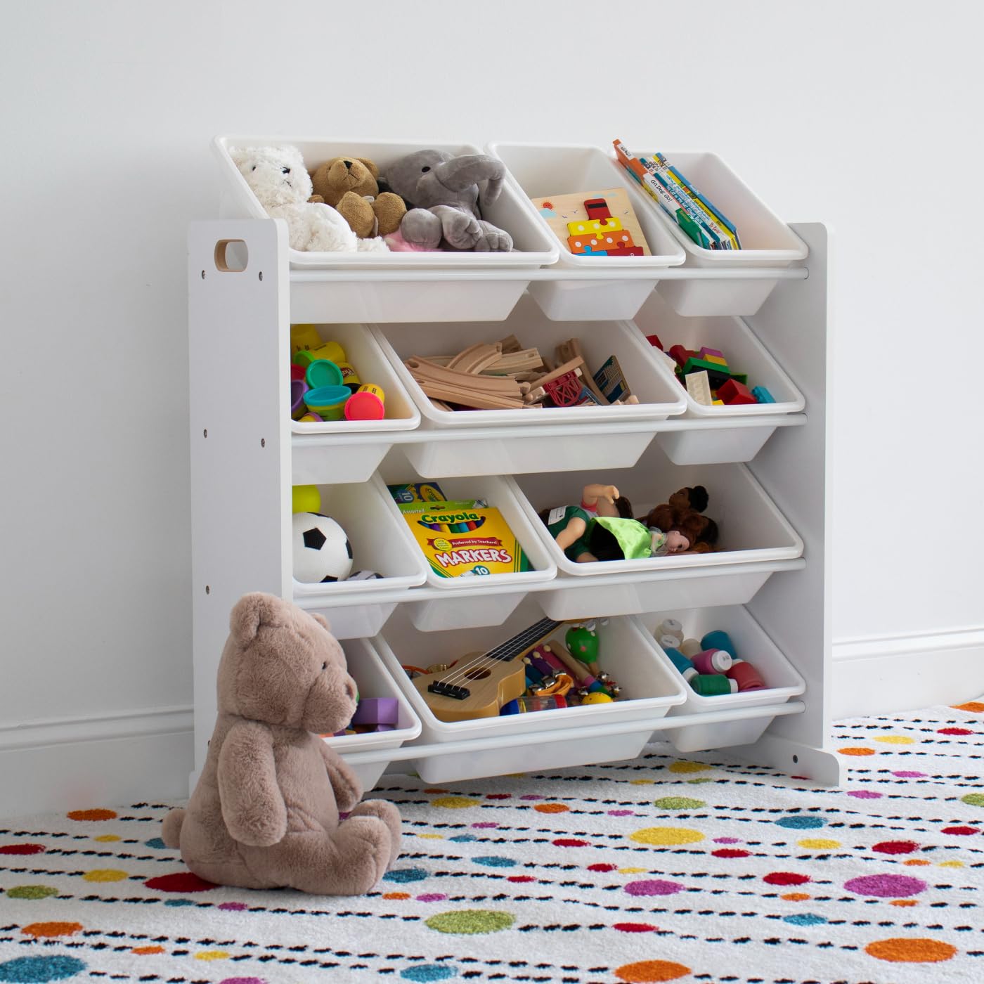 Humble Crew Children's Shelf, Toy Organiser Shelf with 12 Storage Boxes,White/White - Image 2 thumbnail