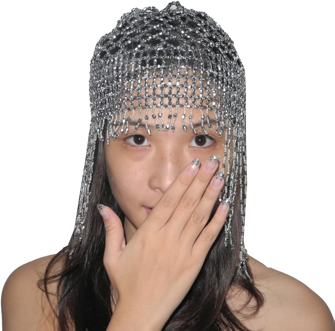 Belly Dance Womens Exotic Cleopatra Beaded Head Cap/Hat Silver