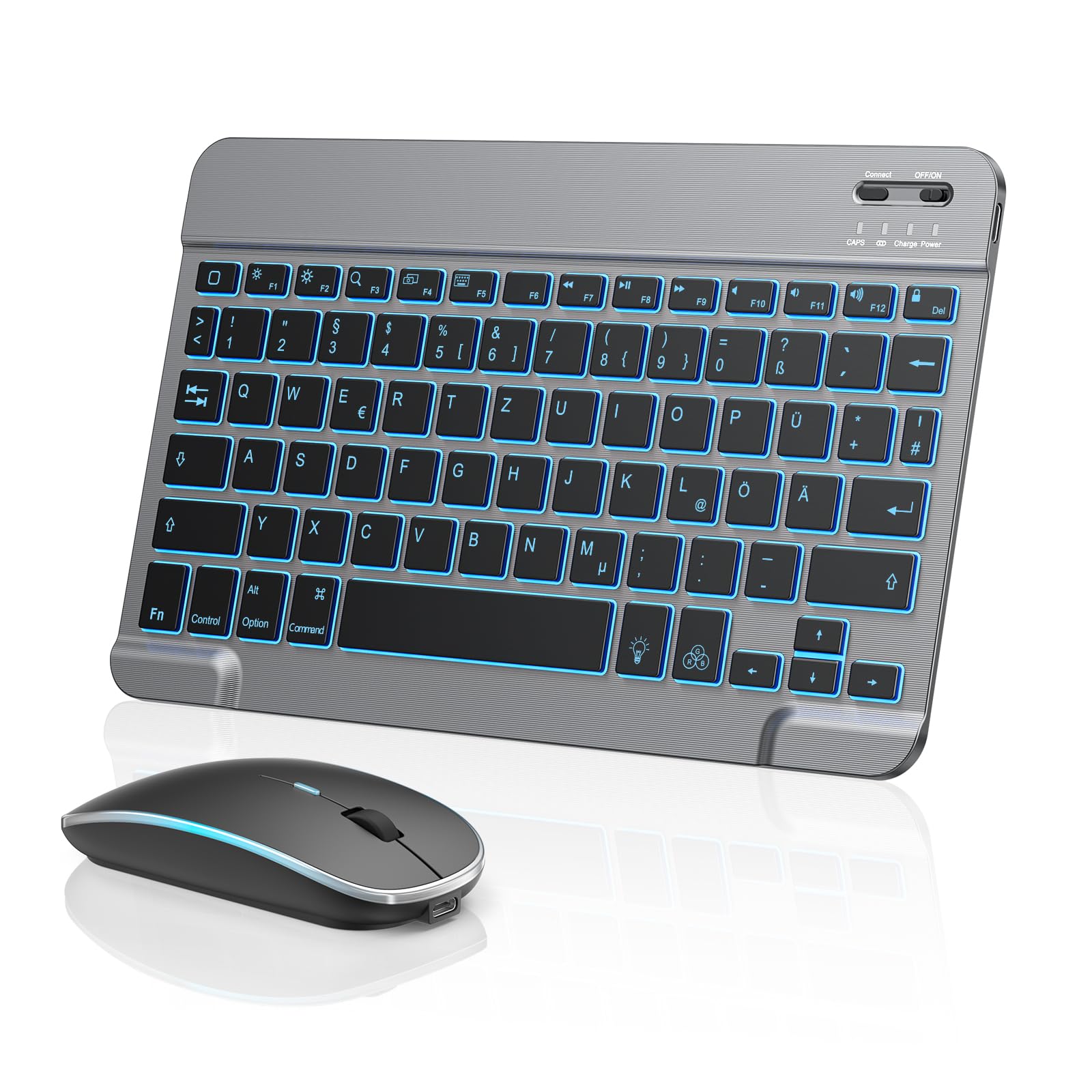 TECURS Bluetooth Tastatur Maus Set für iPad Air/Pro/Mini/11/10.9/10.2/9.7/iPhone, QWERTZ Deutsches Layout Tastatur Maus Set Kabellos, Wiederaufladbar, Space Grau Schwarz