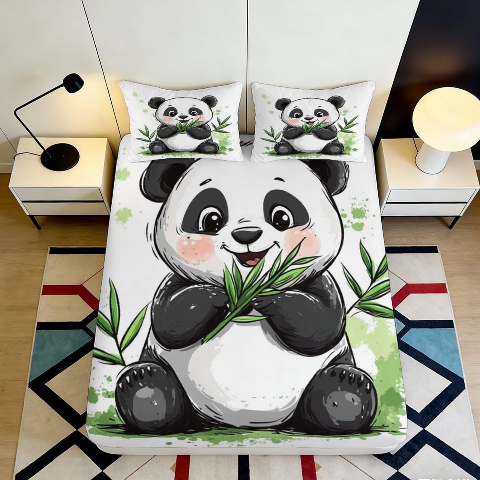 3D Printed Panda Bamboo Fitted Sheet Microfiber Soft Anti-Slip Bed Cover for Bedroom Guest Room Decor Easy Care 90x200x25cm
