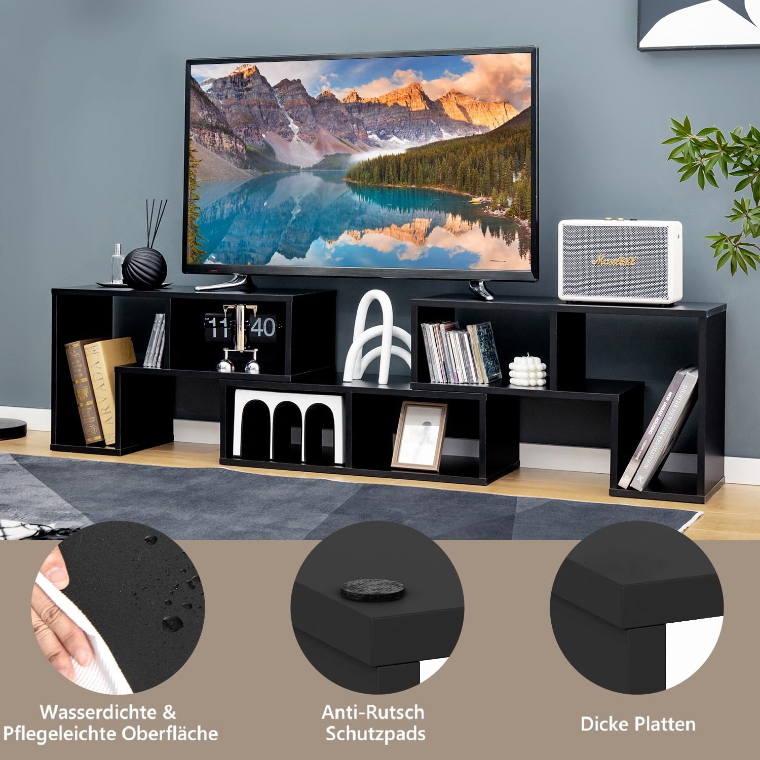 GIANTEX Fernsehschrank TV Schrank frei kombinierbar, Fernseher Regal Holz 180x30x43 cm, Sideboard TV Board Lowboard modular 3 teilig, Fernseher Schrank Fernsehtisch für 65 Zoll Fernseher, Schwarz