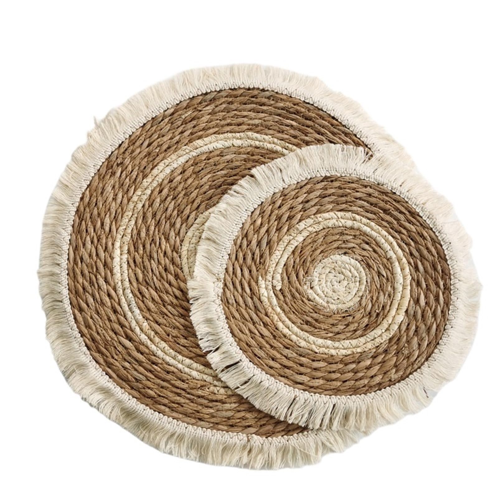 Wicker Placemat 2PCS Tassel Straw Woven Placemats Thick Mat Bushel Cup Coaster Knitting Table Plate for Wedding Dinning Decor(Color B,2PCS 25cm)