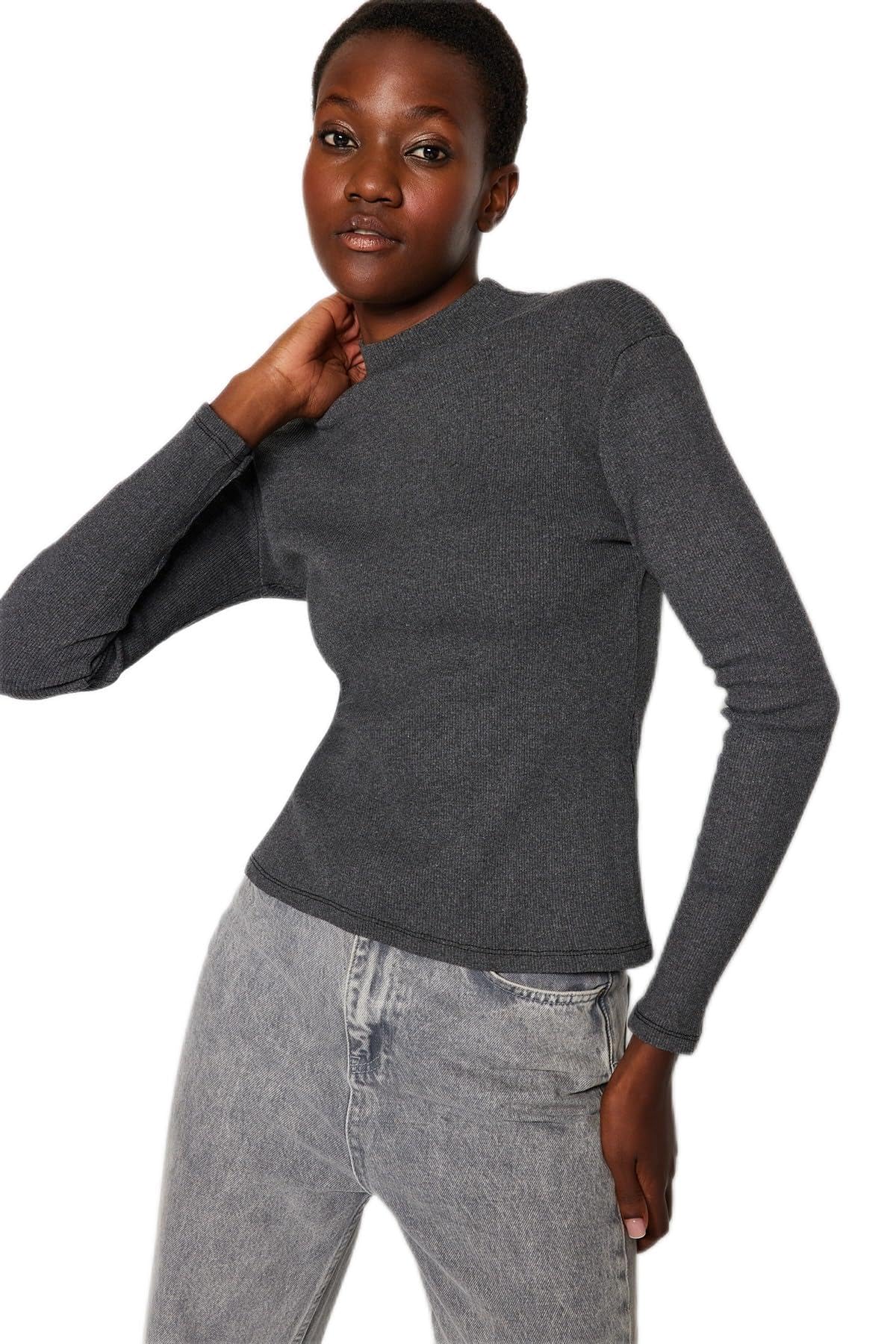 Trendyol Damen Anthracite Gerade Lange Ärmel Schlank Die Bluse