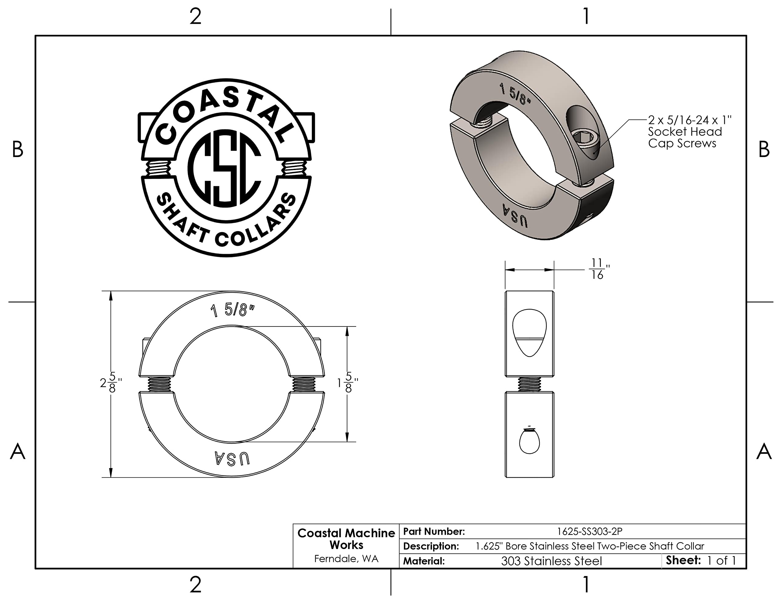 Diámetro del orificio de 1.6 pulgadas - Collar del eje de dos piezas de sujeción - Acero inoxidable 303 (paquete de 2)