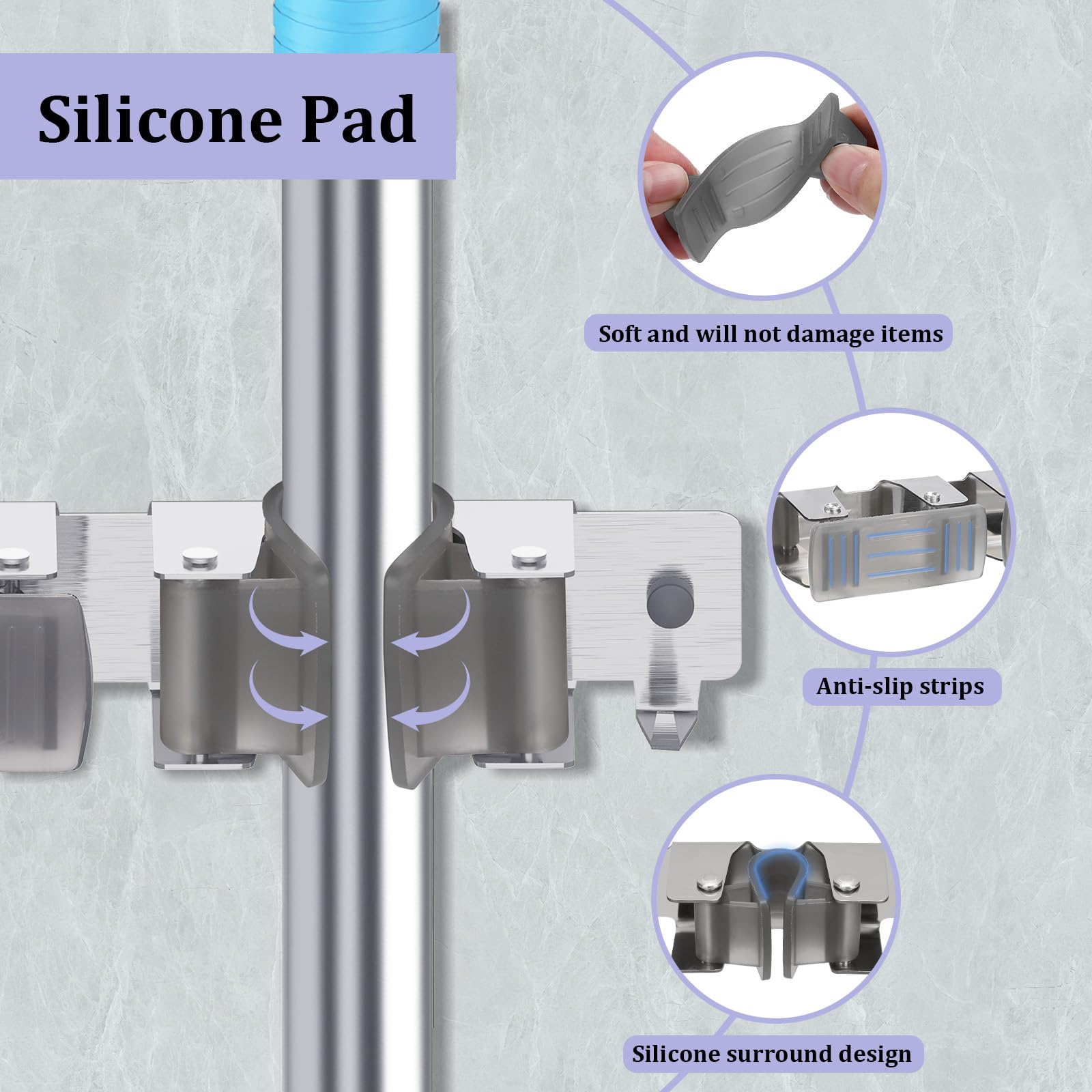 Oamwrae 5 Slot Broom Holder Wall Mounted with 2 Hooks, Stainless Steel Mop Holder - Image 3