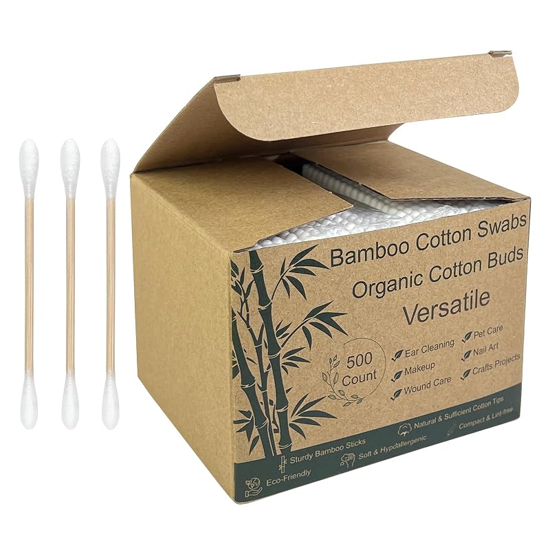 Bamboo Cotton Swabs 500 Count, Rounded Tips for Makeup, 5 Packs