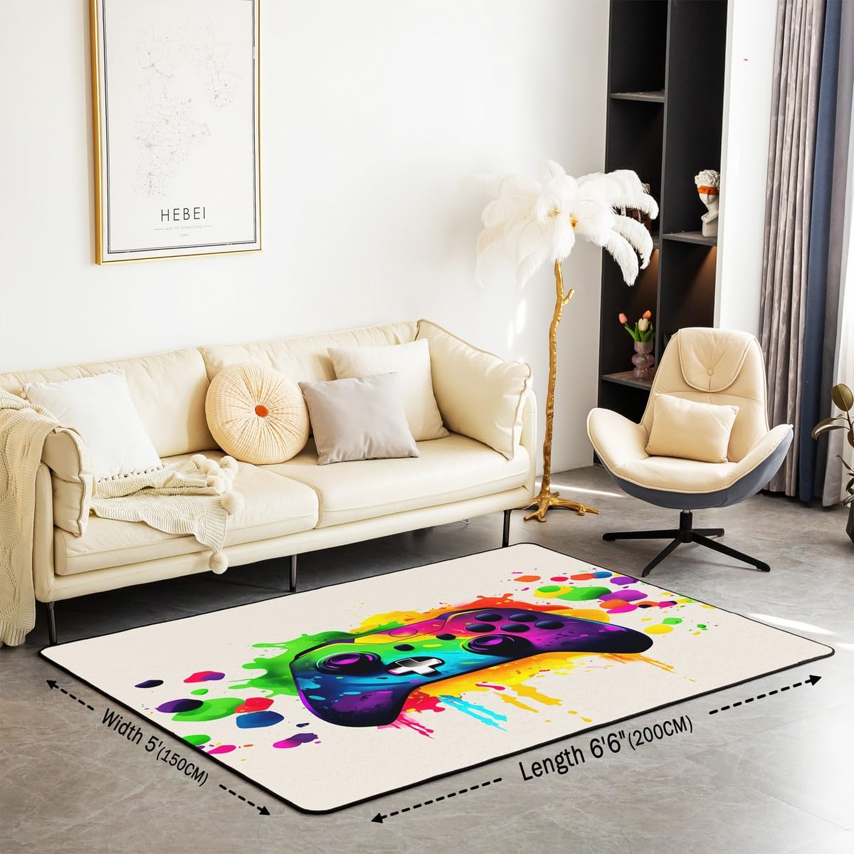 Loussiesd Dywan do salonu dla graczy, 100 x 150 cm, gamingowy dywan akcentujący dla chłopców, dziewcząt, nastolatków, nowoczesny kontroler konsoli do gier, mata podłogowa, joystick, beżowa,