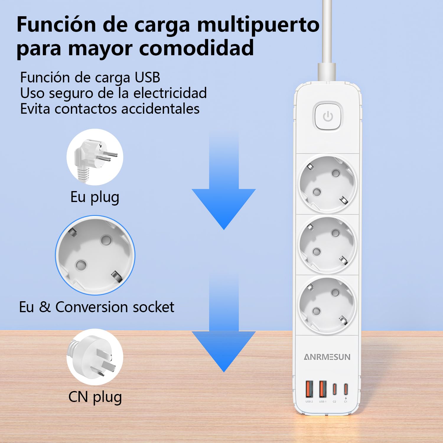 Regletas Enchufes con 3 Tomas y Interruptor, Enchufe Múltiple de Carga 2 USB A y 2 USB C (PD 20W), Protección Sobretensión, Cable 1.9m, Ideal para Viajes y Hogar — view 5