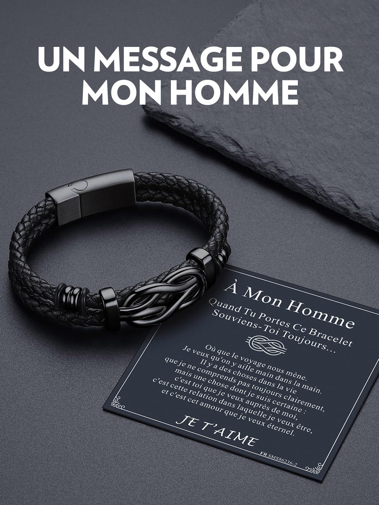 Bandmax Bracelet en Cuir Homme 19/21/23cm avec Carte Cadeau FR, DE, ES, IT - Bracelet Tressé Argenté/Noirt avec Nœud Concentrique, Cadeau pour Papa/Mari/Frère/Couple