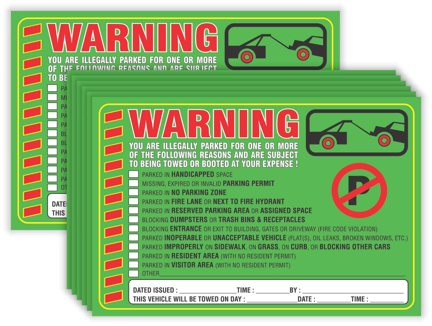 PARTH IMPEXParking Violation Stickers Notice (Pack of 50) Tow Warning You are Illegally Parked Multi Reasons - Large Size 6" X 9" â€“ Green