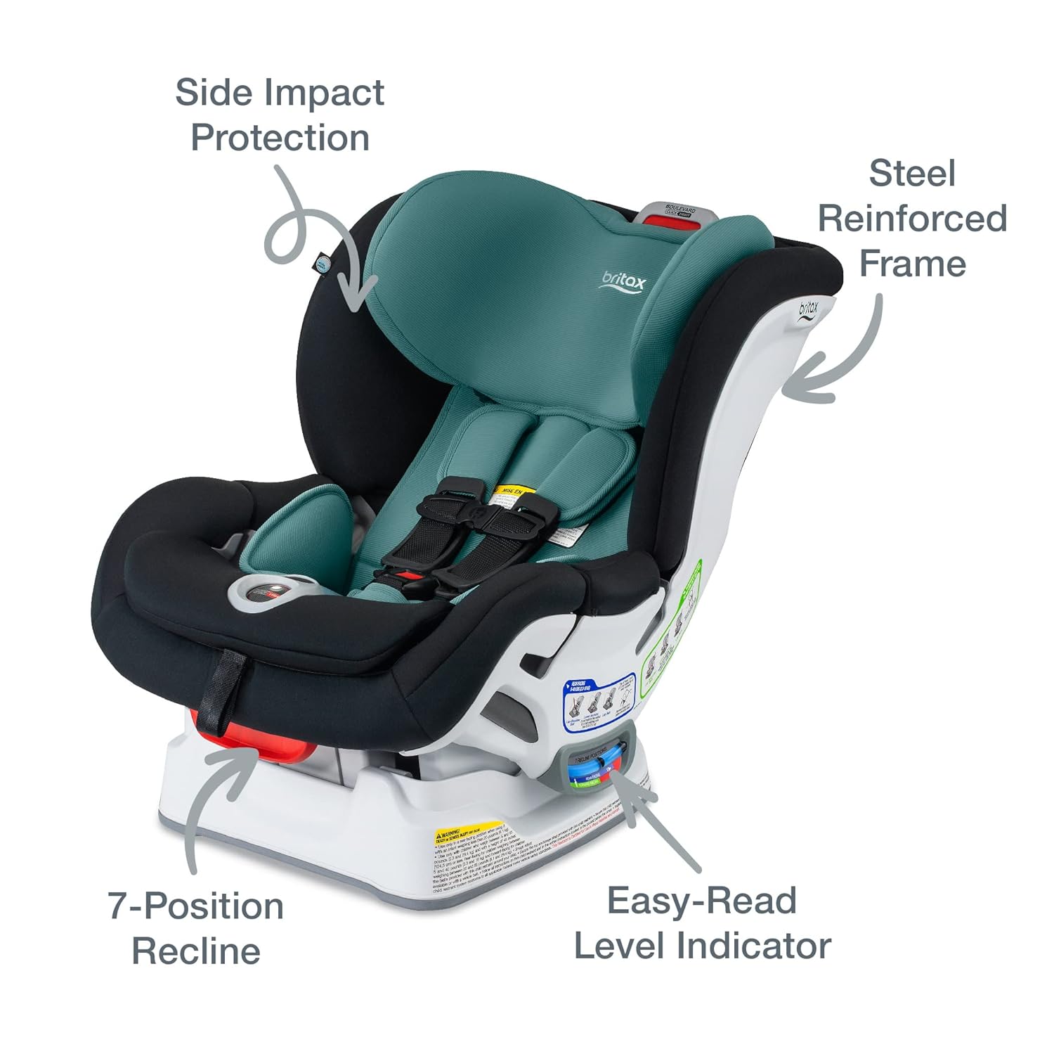 Diagram of car seat highlighting safety features like side impact protection and steel frame