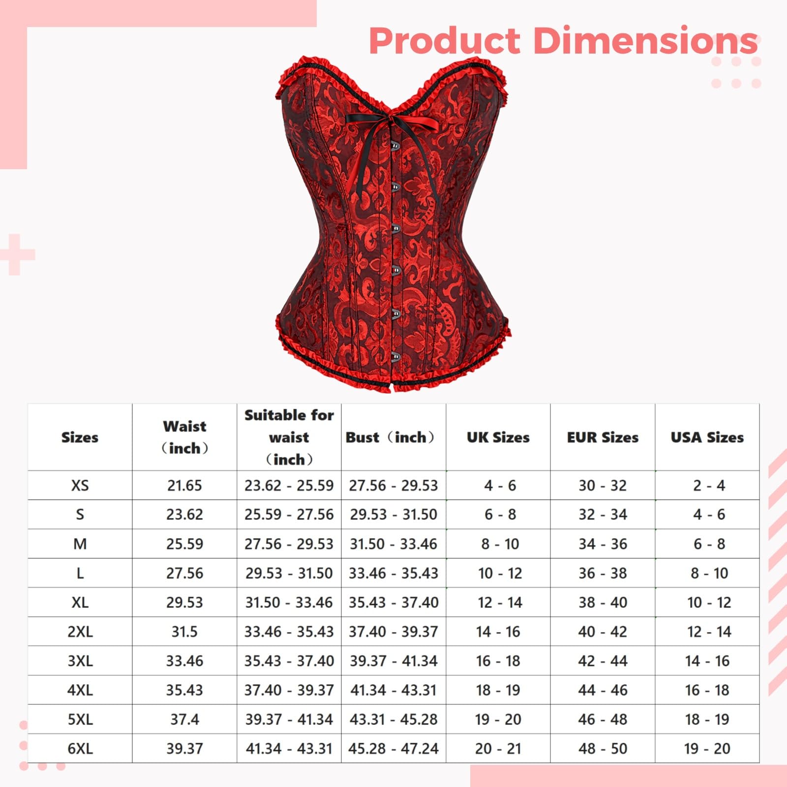 Corsetto elegante da donna con finiture in pizzo, design con chiusura frontale, 4XL, bustier rosso shapewear per modellare la vita