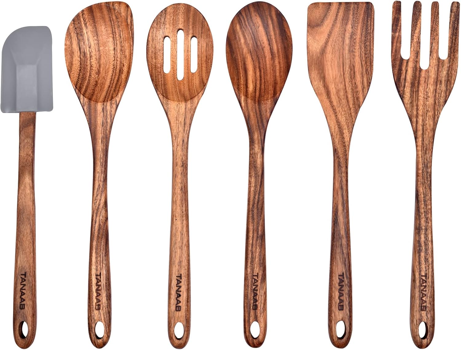 TANAAB Wooden Spoons Kitchen Utensils Set for Cooking Baking, 6 Piece 13" Teak Wood Slotted Solid Corner Spoon Turner Fork Silicone Spatula Cooking Utensils Set Tools Large for Nonstick Cookware