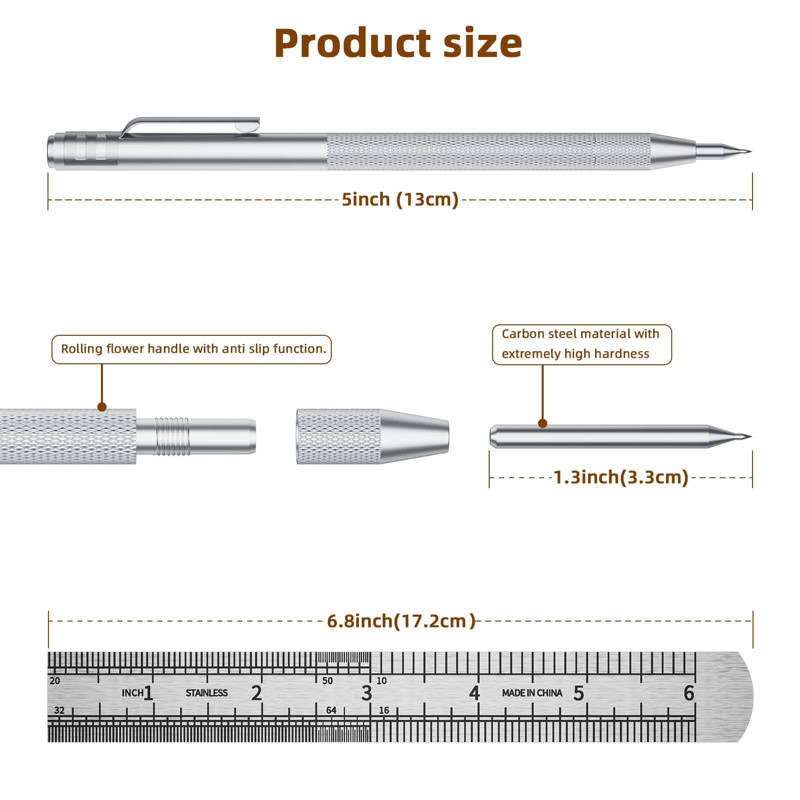 GCHMDE 5-Pack Tungsten Carbide Scriber, Metal Scribe Tool with 25 Replacement Marking Tips & Steel Ruler - Knurled Aluminum Handle & Magnet, Engraving Pen for Glass/Ceramics/Metal Sheet (5) — Amazon image 2