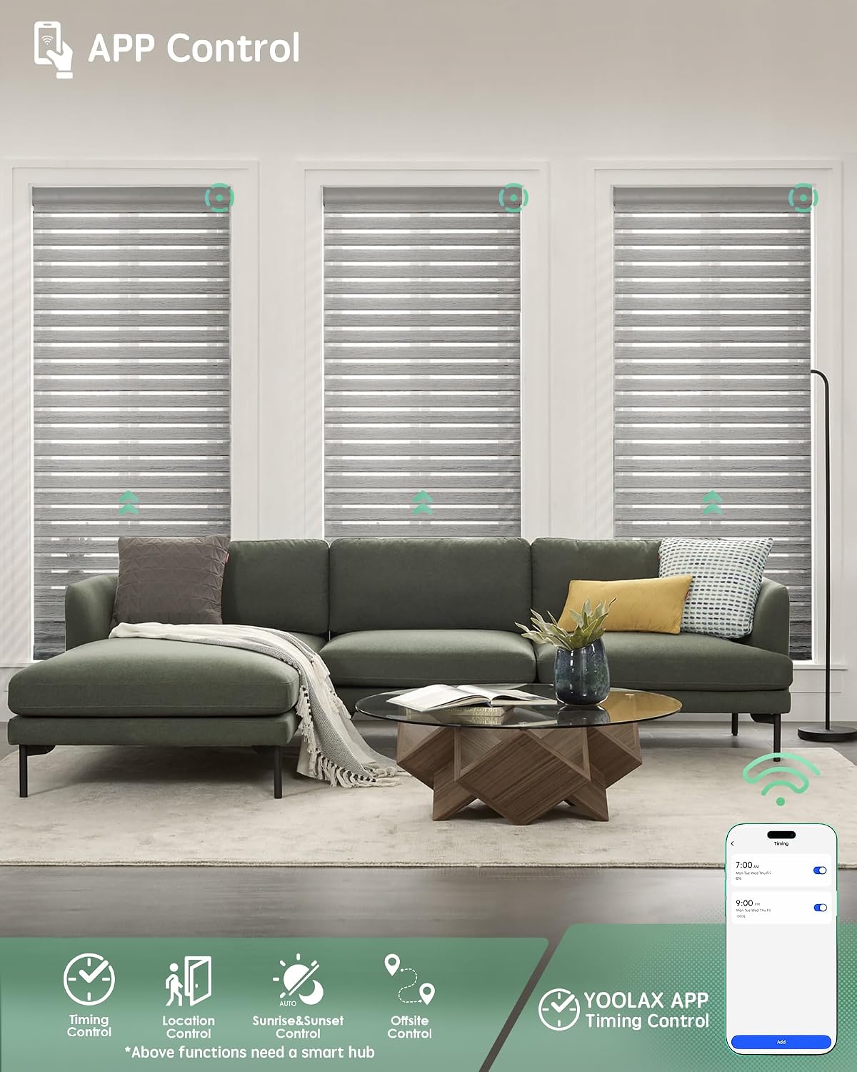 Yoolax Smart Horizontal Sheer Shades, Motorized Room Darkening Shades Works with Alexa Google Home Apple HomeKit, Easy Install Automatic Shangri-La Blinds, Custom Size (Twilight Texture Grey)