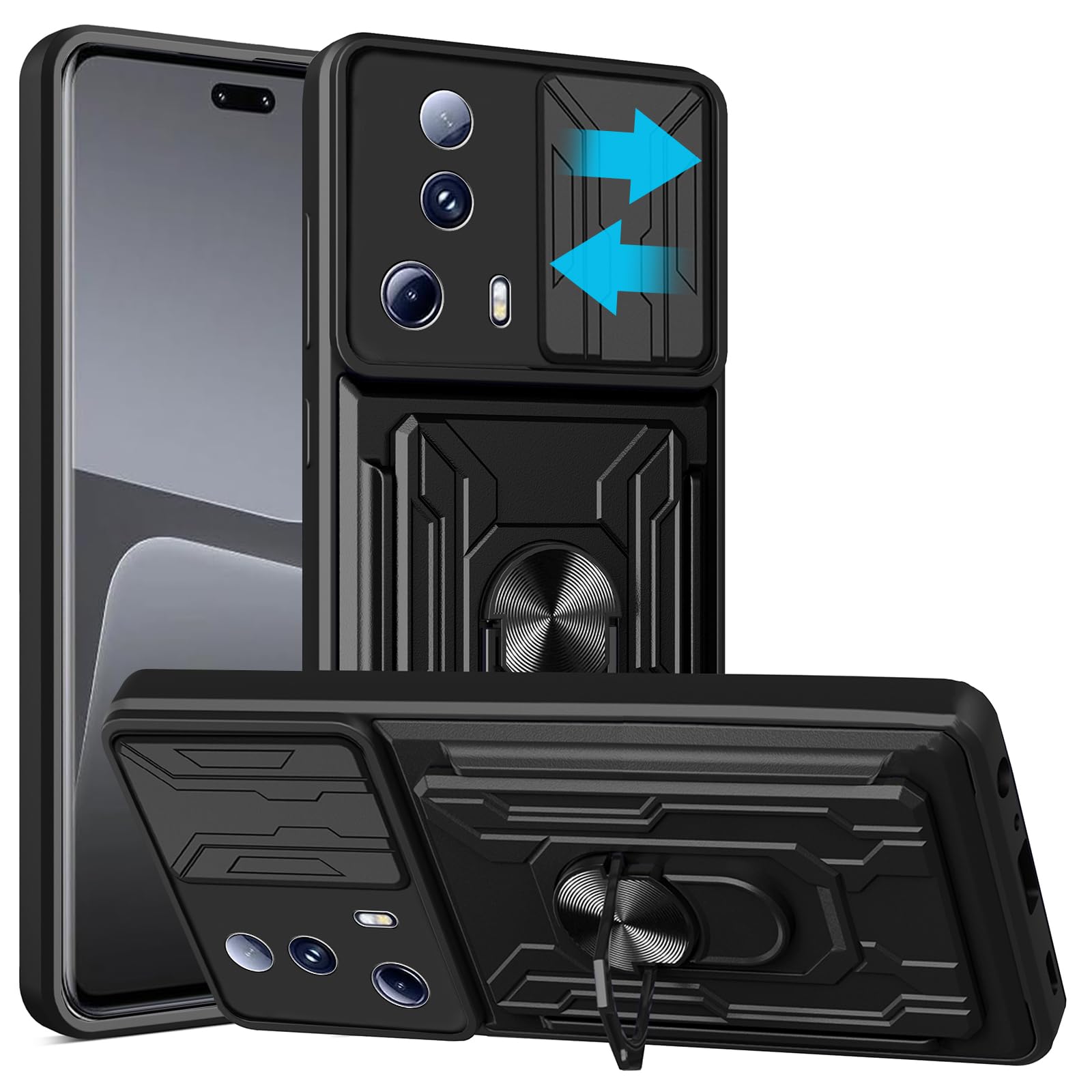 Custodia Per Xiaomi 13 Lite Con Protezione Fotocamera Scorrevole E Anello Supporto - Anti-Caduta, Con Piastra Magnetica, Nero