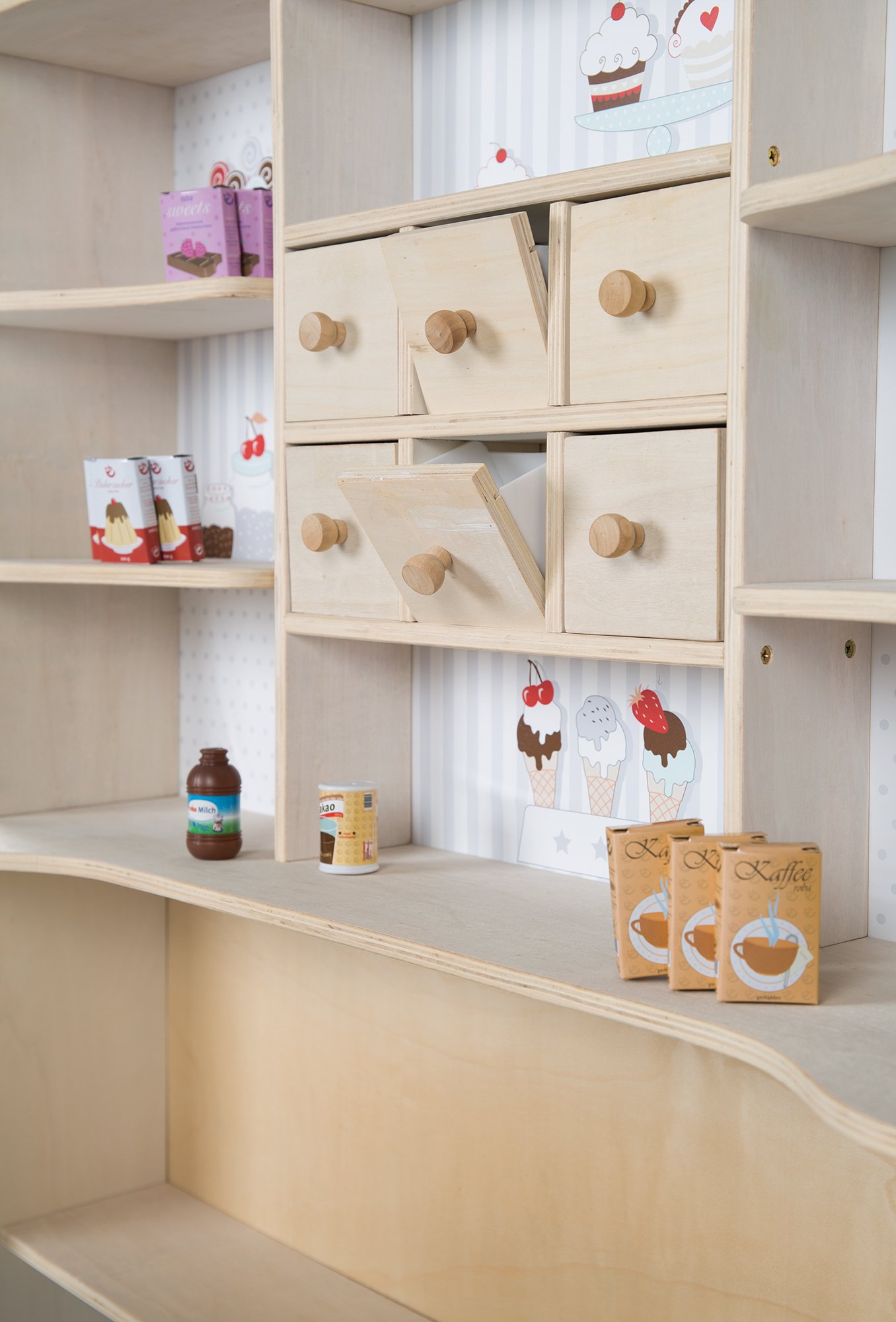 roba Marchande en Bois "Café & Shop" avec plus de 100 Pièces d'Accessoires Incl. Caisse Enregistreuse - Imprimé Glace