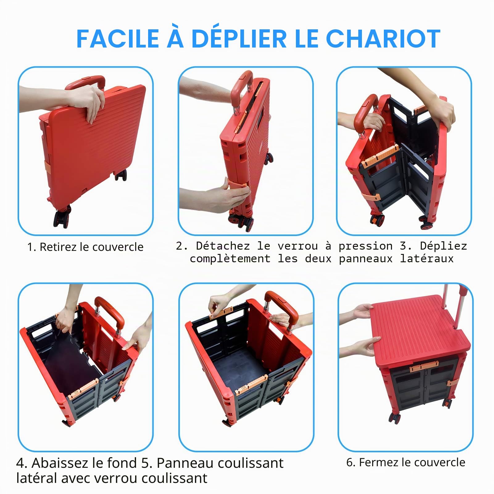Caddie Pliable à Roulette, 54L/45KG Chariot Utilitaire Multifonctionnel et Durable de Grande Capacité avec Poignée Télescopique et 4 Roues Pivotantes Démontables pour Achats et Transportez, Rouge