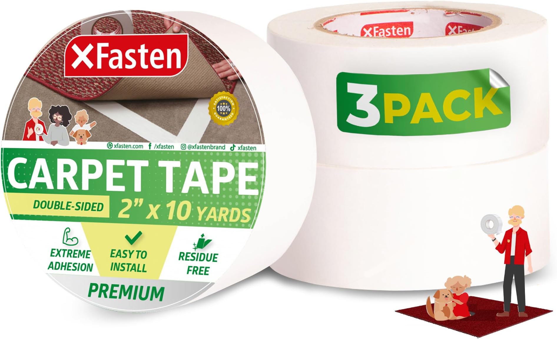 XFasten Double Sided Carpet Tape - 2” x 10yd (3-Pk) Bulk Double Sided Rug Tape for Carpet, Indoor Outdoor Carpet Tape for Area Rugs over Carpet, Strong Adhesion Carpet Binding Tape for Hardwood Floors